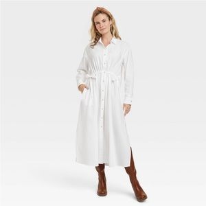 Long Sleeve Cinched Waist Maxi Shirt Dress